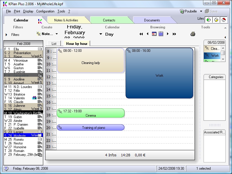 Presentation of day view hour by hour