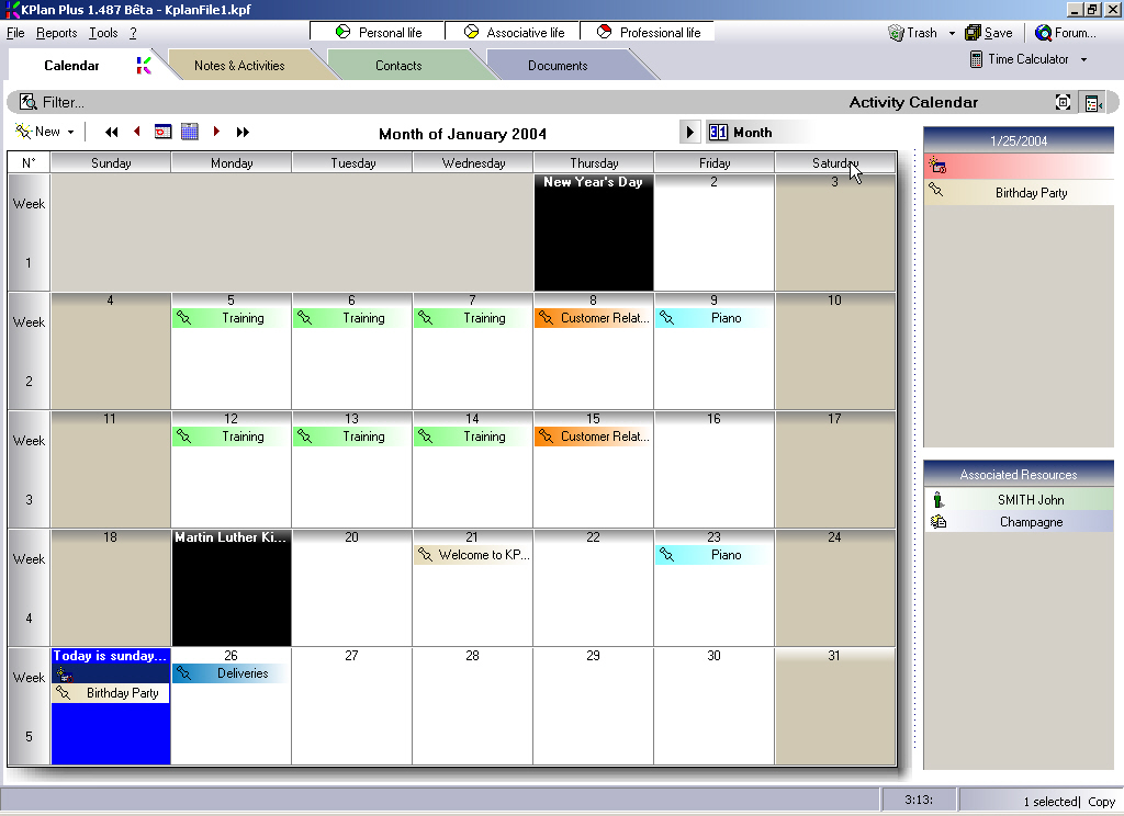 Calendar tab, different view