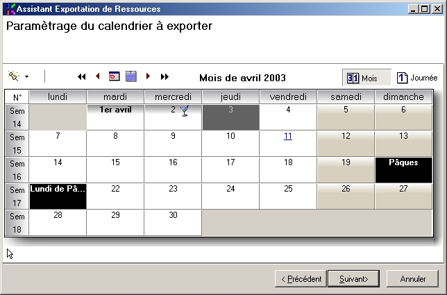 Paramétrage du calendrier à exporter anuelle, mensuelle,...