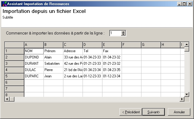 Importer à partir d'un fichier Excel