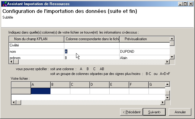 Faire une correspondance entre les colonnes Excel et les champs KPLAN