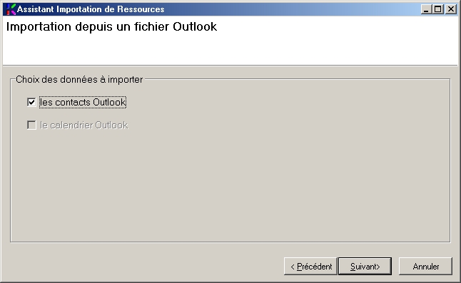 Fenetre d'Importation des contacts outlook