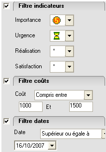 Filtre par Indicateurs, cout et date