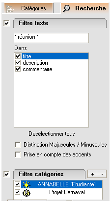 Filtre par Textes et Catégories