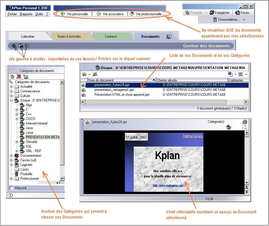 Onglet commenté et détaillé de la gestion des documents dans Kplan