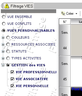 panneau filtrage par type de vies