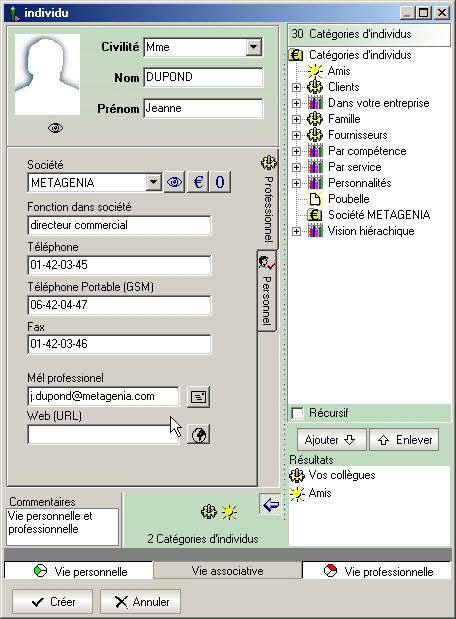 Fenetre de création d'un nouvel individu dans le logiciel Kplan