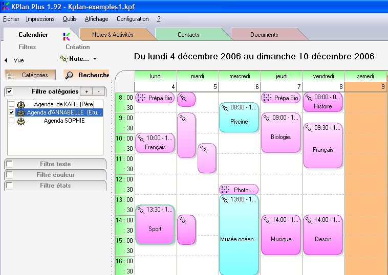 Filtrer les calendriers selon des catégories